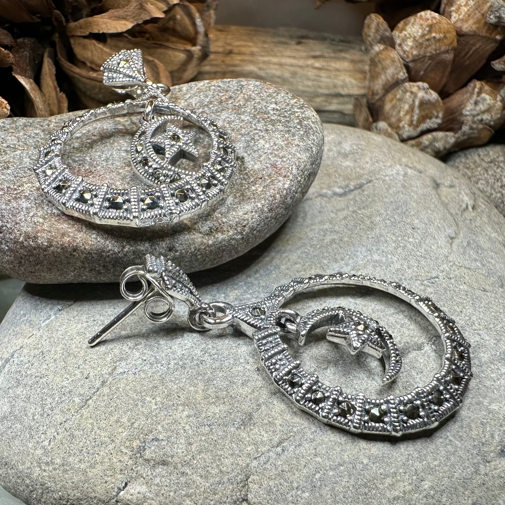 Crescent Moon Marcasite Earrings | Dangle Earrings | Wiccan Center