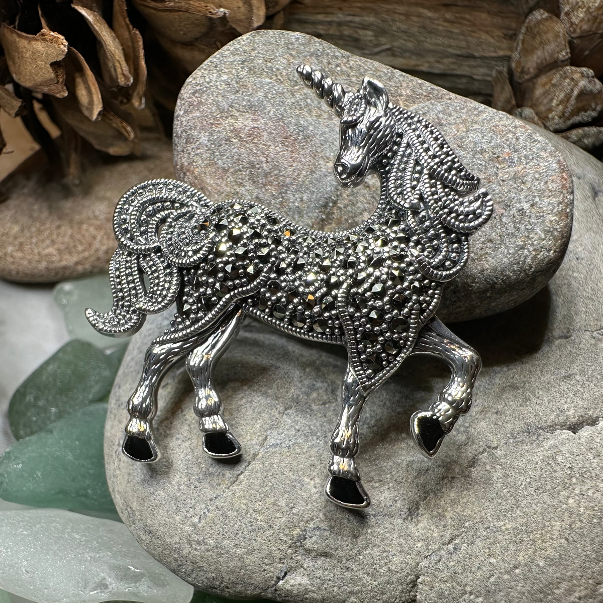 Elegant Marcasite Unicorn of Scotland Pin - Handmade | Brooch | Wiccan Center