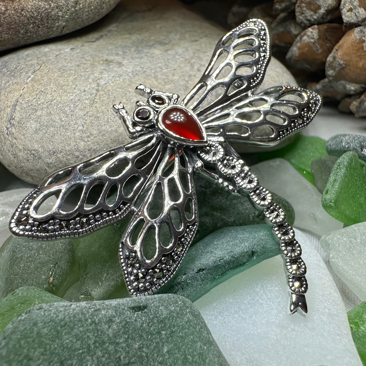 Damsel Dragonfly Marcasite Brooch in Sterling Silver | Brooch | Wiccan Center
