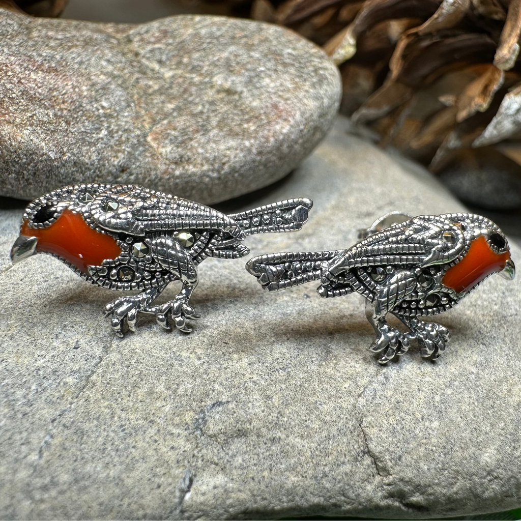 Redbreasted Robin Marcasite Earrings in Sterling Silver | Post Earrings | Wiccan Center