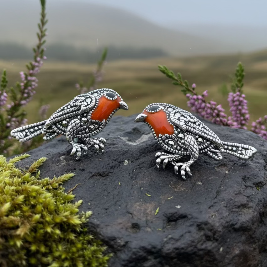 Redbreasted Robin Marcasite Earrings in Sterling Silver | Post Earrings | Wiccan Center
