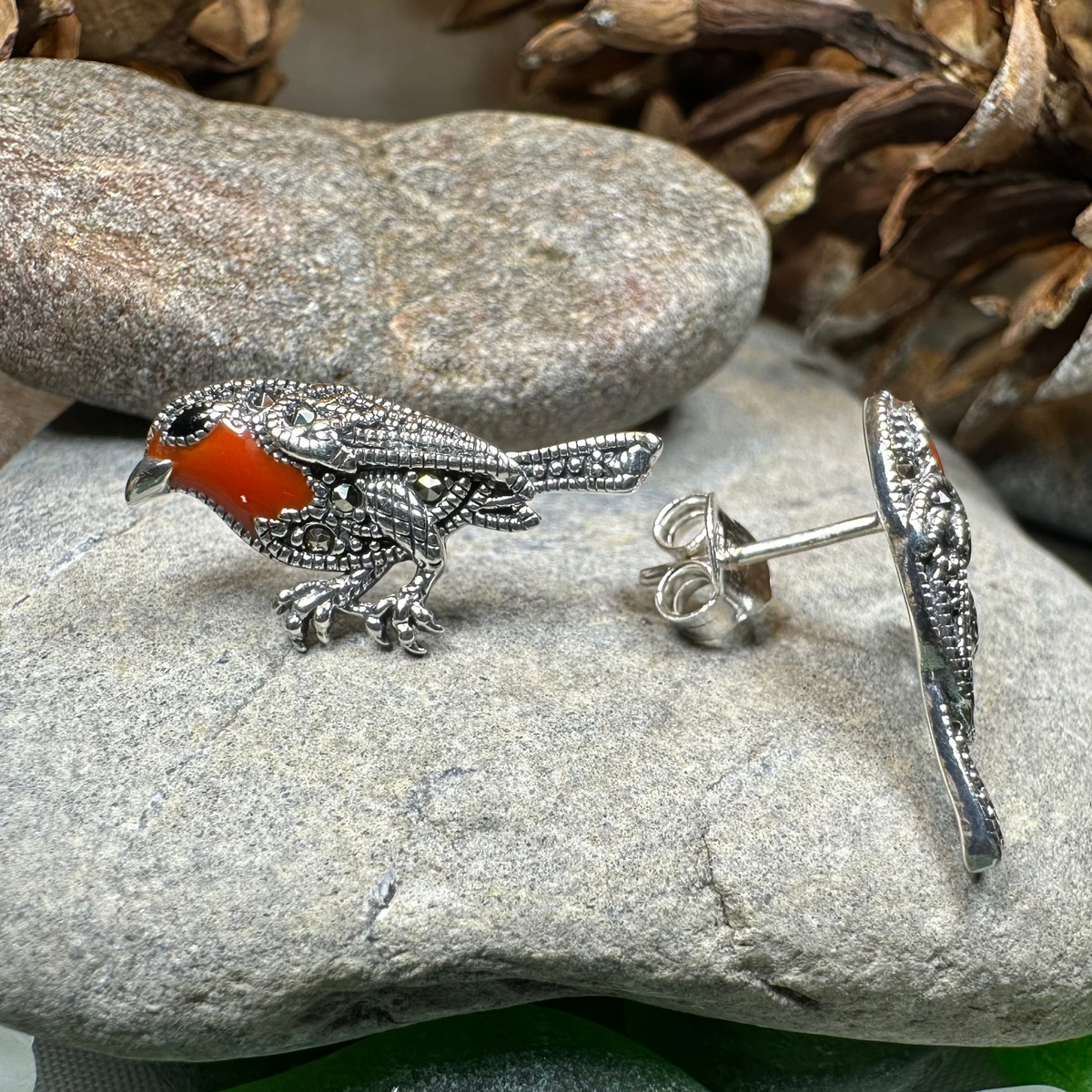 Redbreasted Robin Marcasite Earrings in Sterling Silver | Post Earrings | Wiccan Center