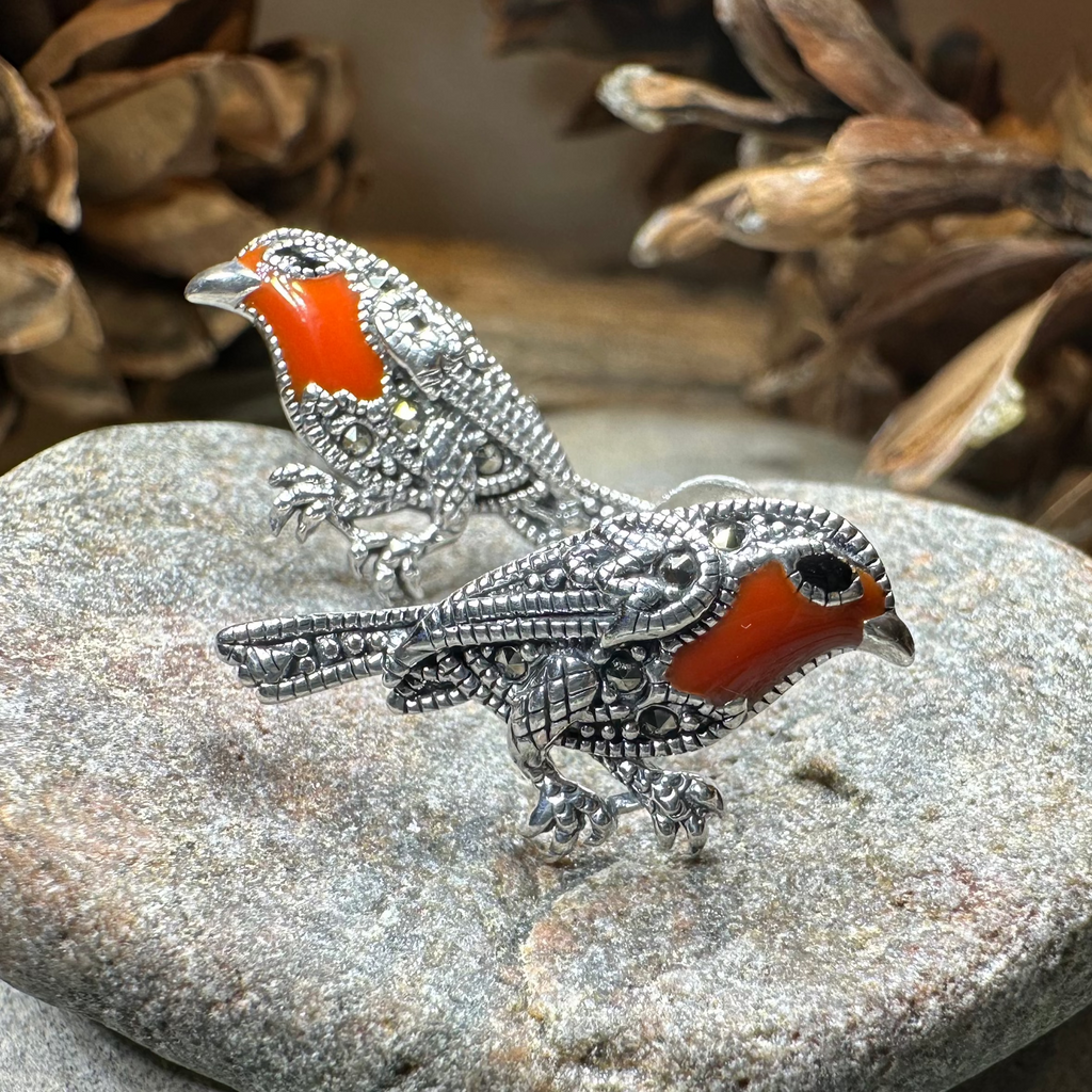 Redbreasted Robin Marcasite Earrings in Sterling Silver | Post Earrings | Wiccan Center