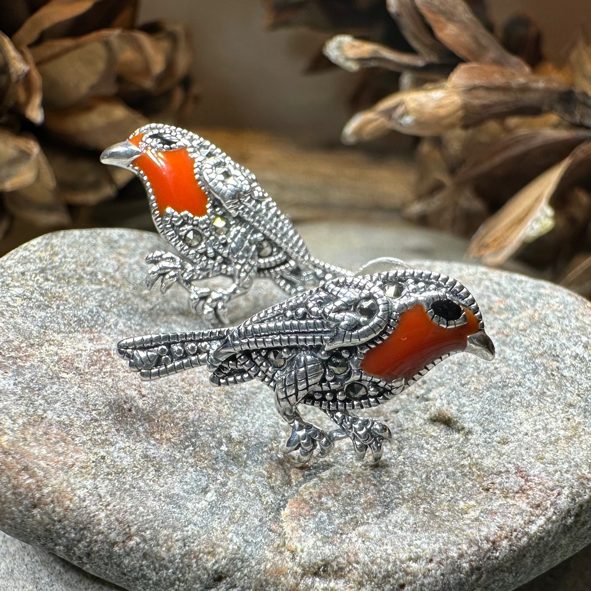 Redbreasted Robin Marcasite Earrings in Sterling Silver | Post Earrings | Wiccan Center