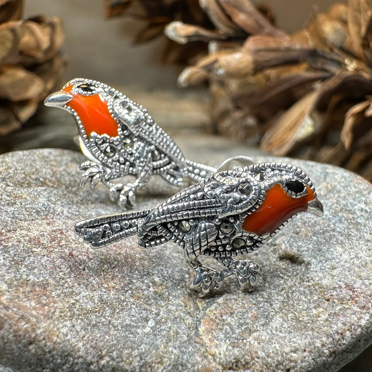 Redbreasted Robin Marcasite Earrings in Sterling Silver | Post Earrings | Wiccan Center
