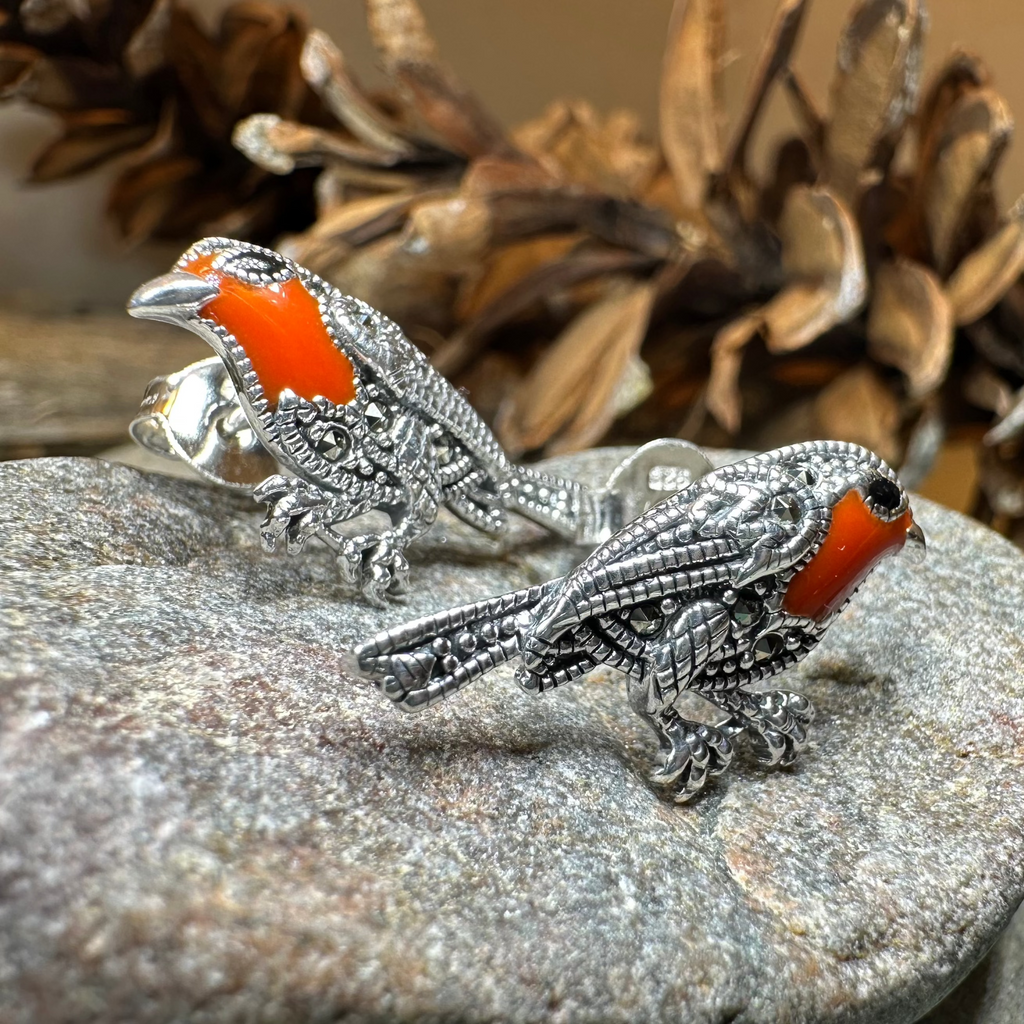 Redbreasted Robin Marcasite Earrings in Sterling Silver | Post Earrings | Wiccan Center