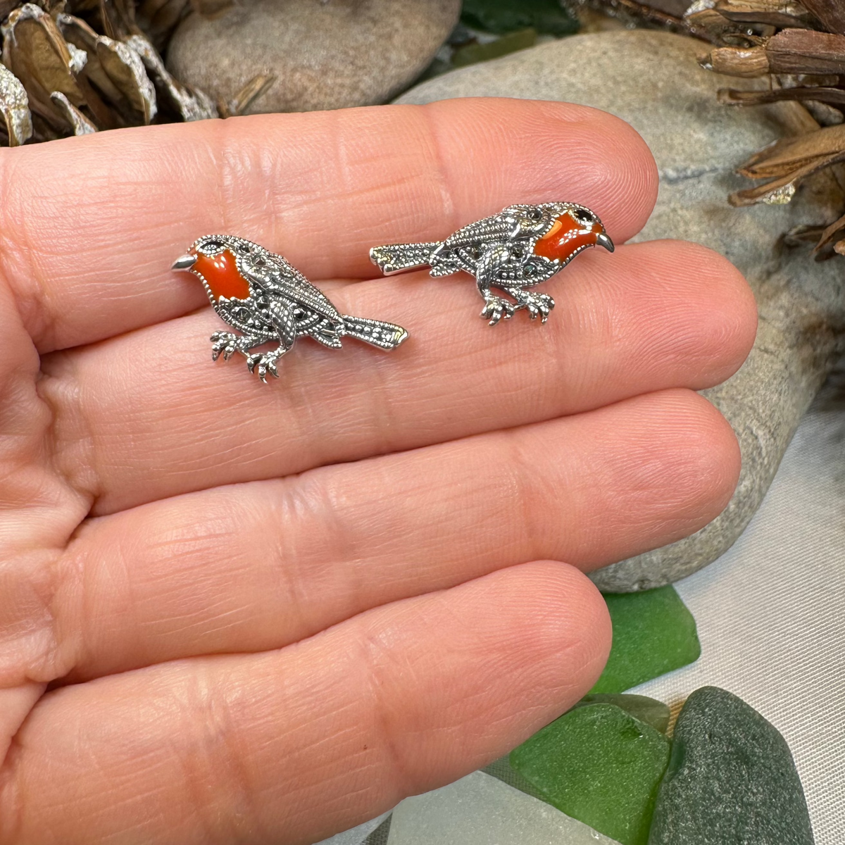Redbreasted Robin Marcasite Earrings in Sterling Silver | Post Earrings | Wiccan Center