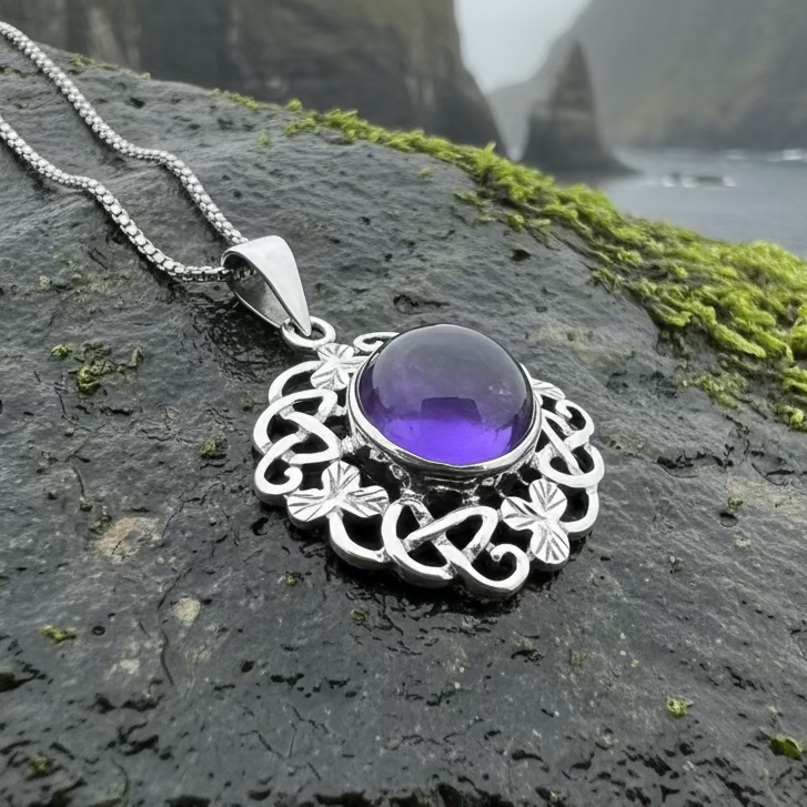 Elana Irish Shamrock Amethyst Necklace in Sterling Silver | Pendant | Wiccan Center