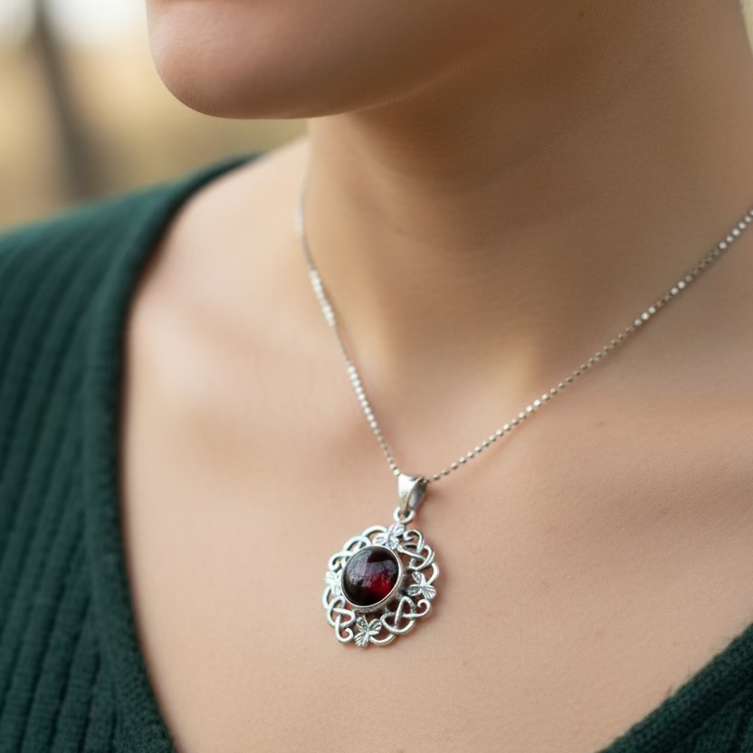 Elena Irish Shamrock Garnet Necklace in Sterling Silver | Pendant | Wiccan Center