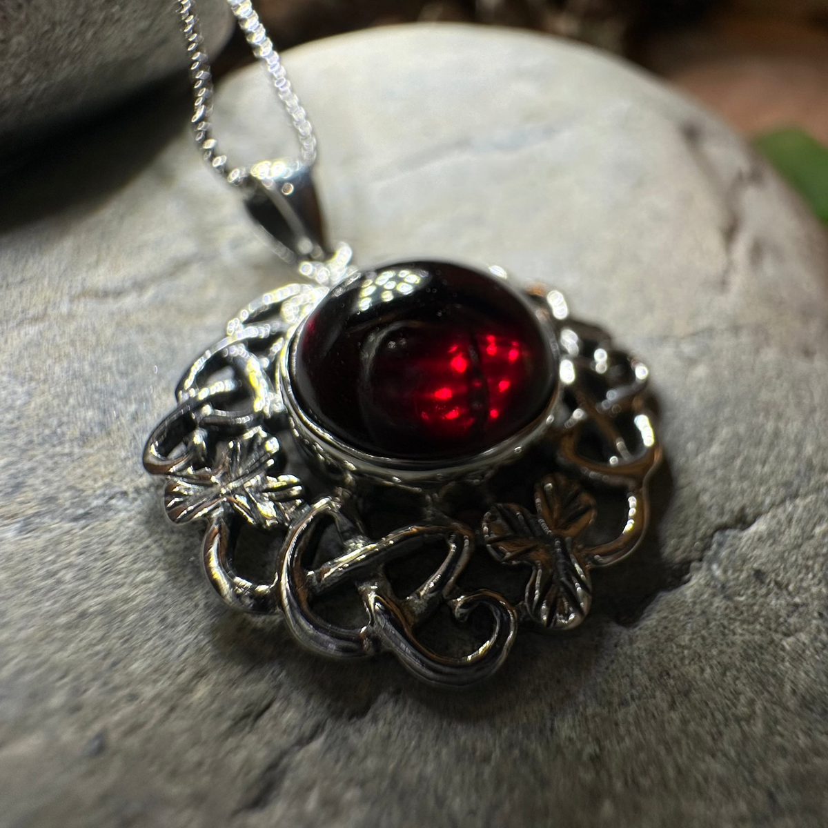 Elena Irish Shamrock Garnet Necklace in Sterling Silver | Pendant | Wiccan Center