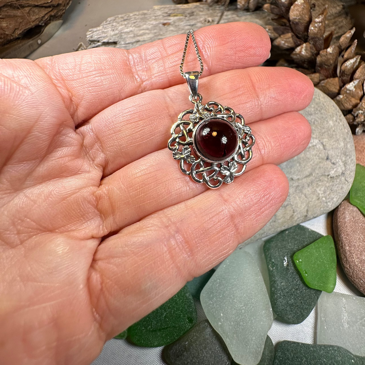Elena Irish Shamrock Garnet Necklace in Sterling Silver | Pendant | Wiccan Center