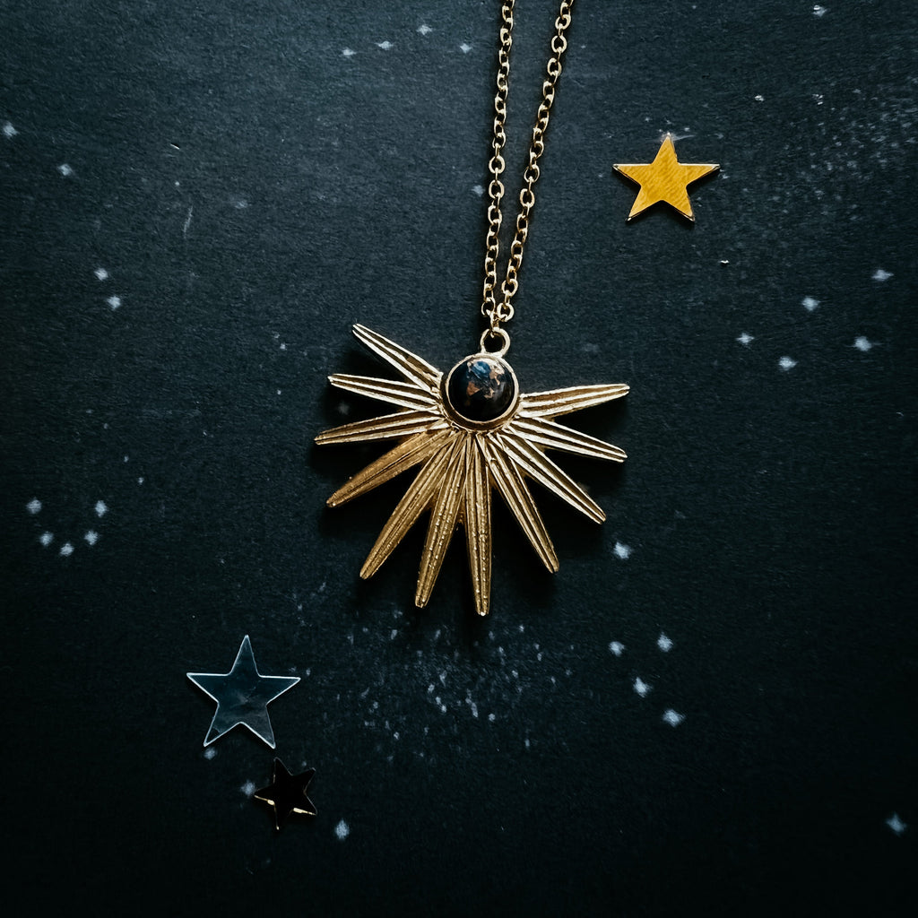 Dark Before the Dawn Sunburst Pendant Necklace with Copper Lapis Lazuli | Necklace | Wiccan Center