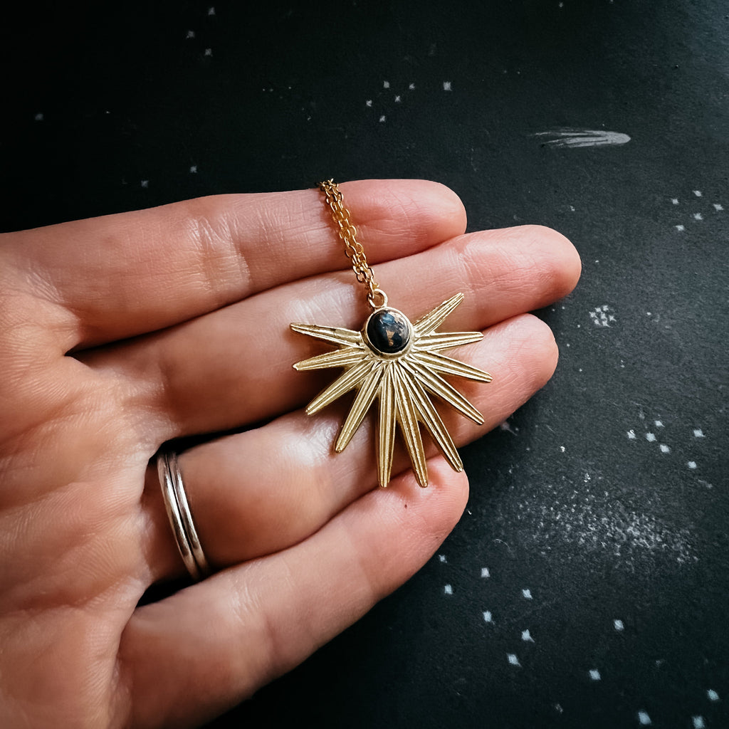 Dark Before the Dawn Sunburst Pendant Necklace with Copper Lapis Lazuli | Necklace | Wiccan Center