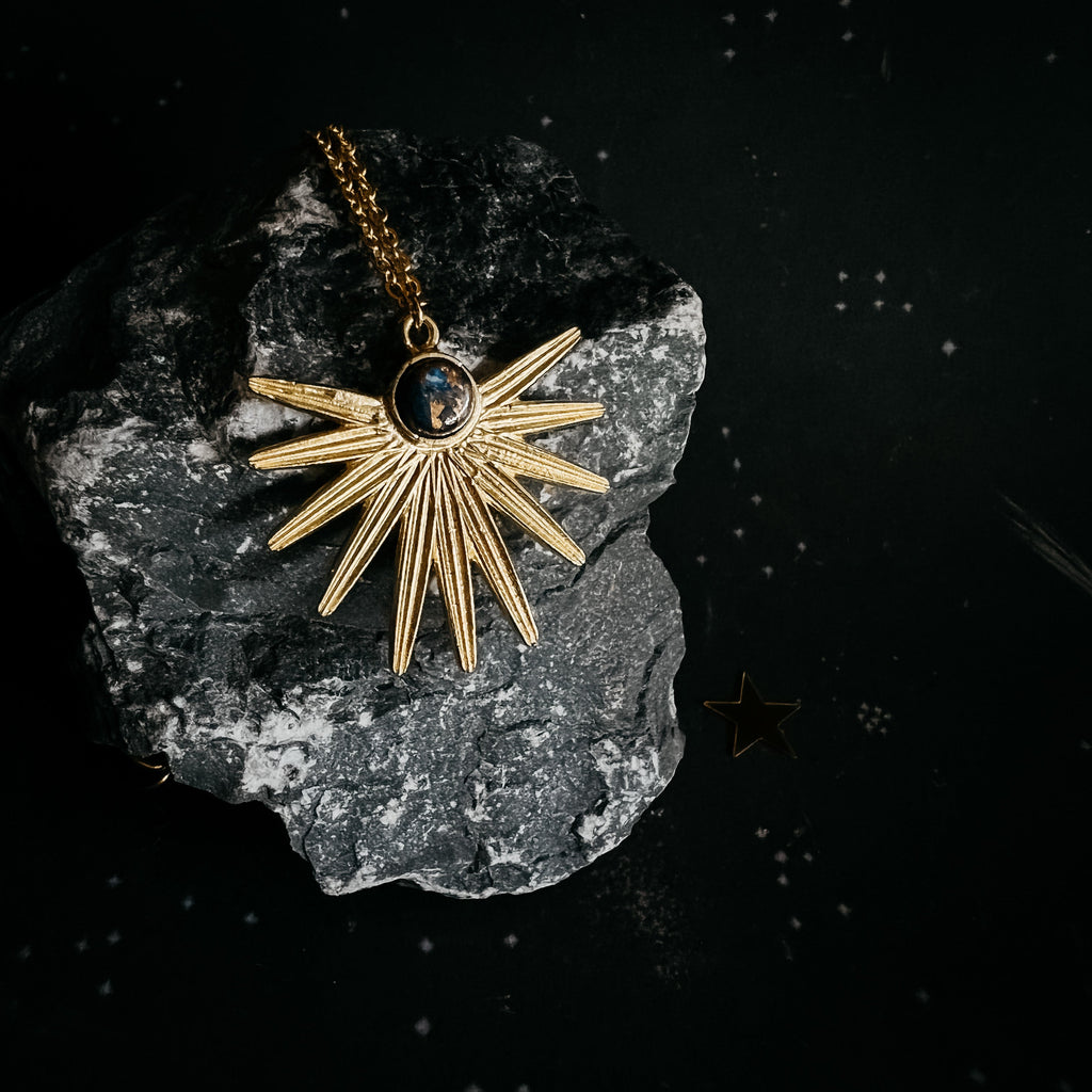 Dark Before the Dawn Sunburst Pendant Necklace with Copper Lapis Lazuli | Necklace | Wiccan Center