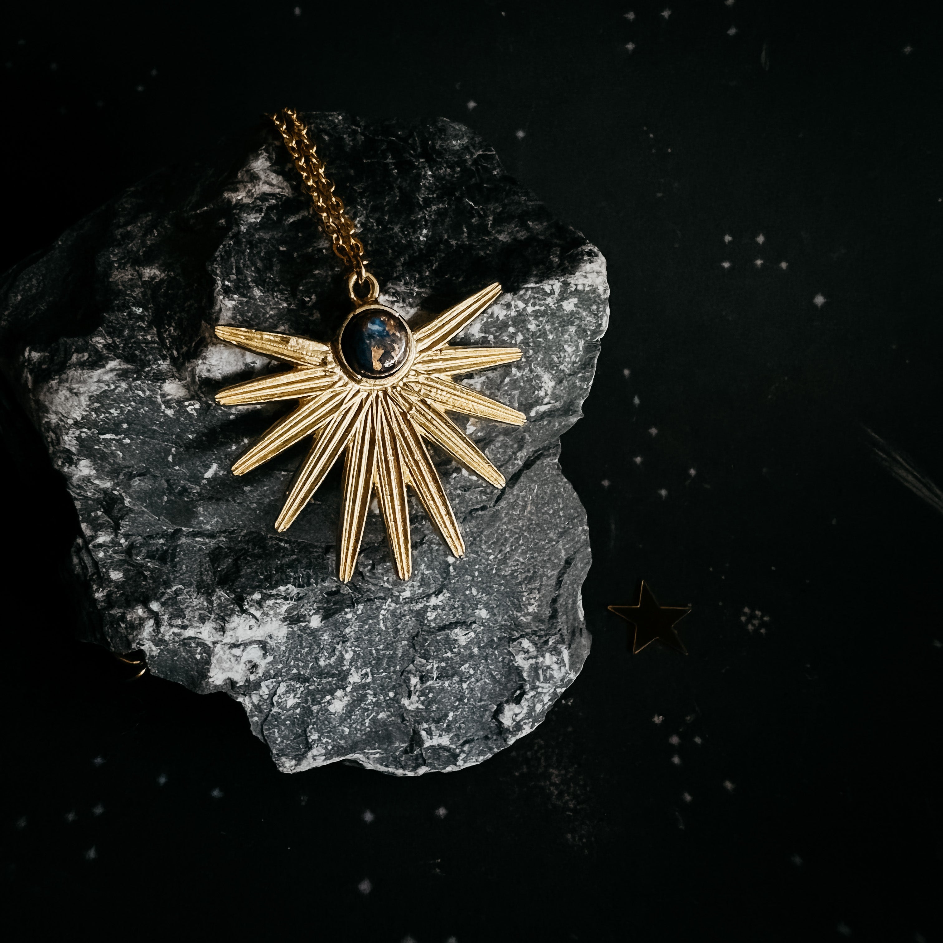 Dark Before the Dawn Sunburst Pendant Necklace with Copper Lapis Lazuli | Necklace | Wiccan Center