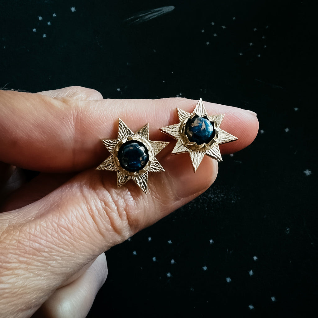 Dark Before the Dawn Sunburst Stud Earrings with Copper Lapis Lazuli | Earrings | Wiccan Center