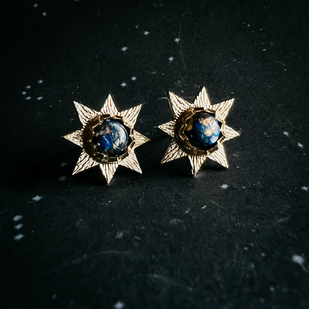 Dark Before the Dawn Sunburst Stud Earrings with Copper Lapis Lazuli | Earrings | Wiccan Center