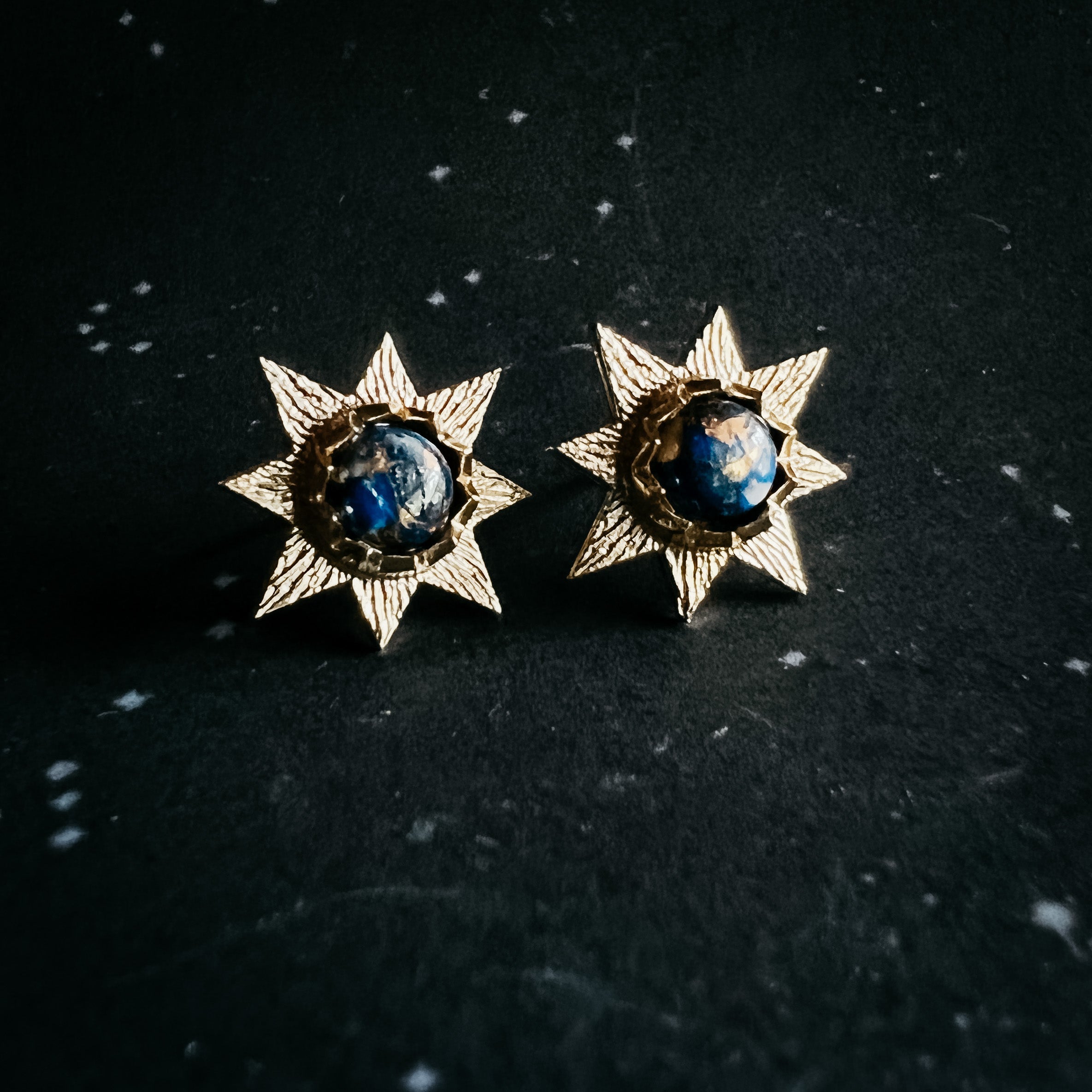 Dark Before the Dawn Sunburst Stud Earrings with Copper Lapis Lazuli | Earrings | Wiccan Center