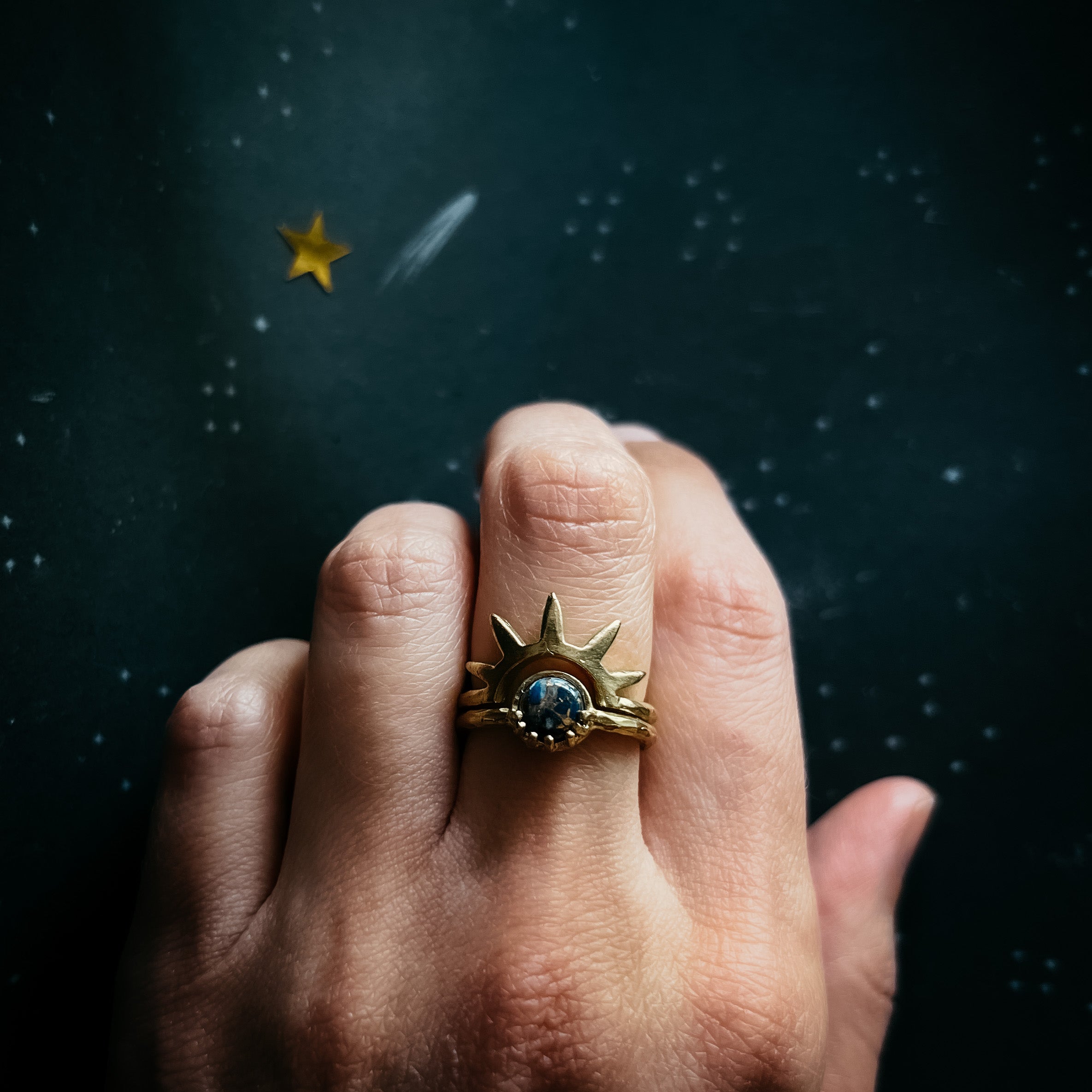 Dark Before the Dawn Sunburst Ring with Copper Lapis Lazuli | Ring | Wiccan Center