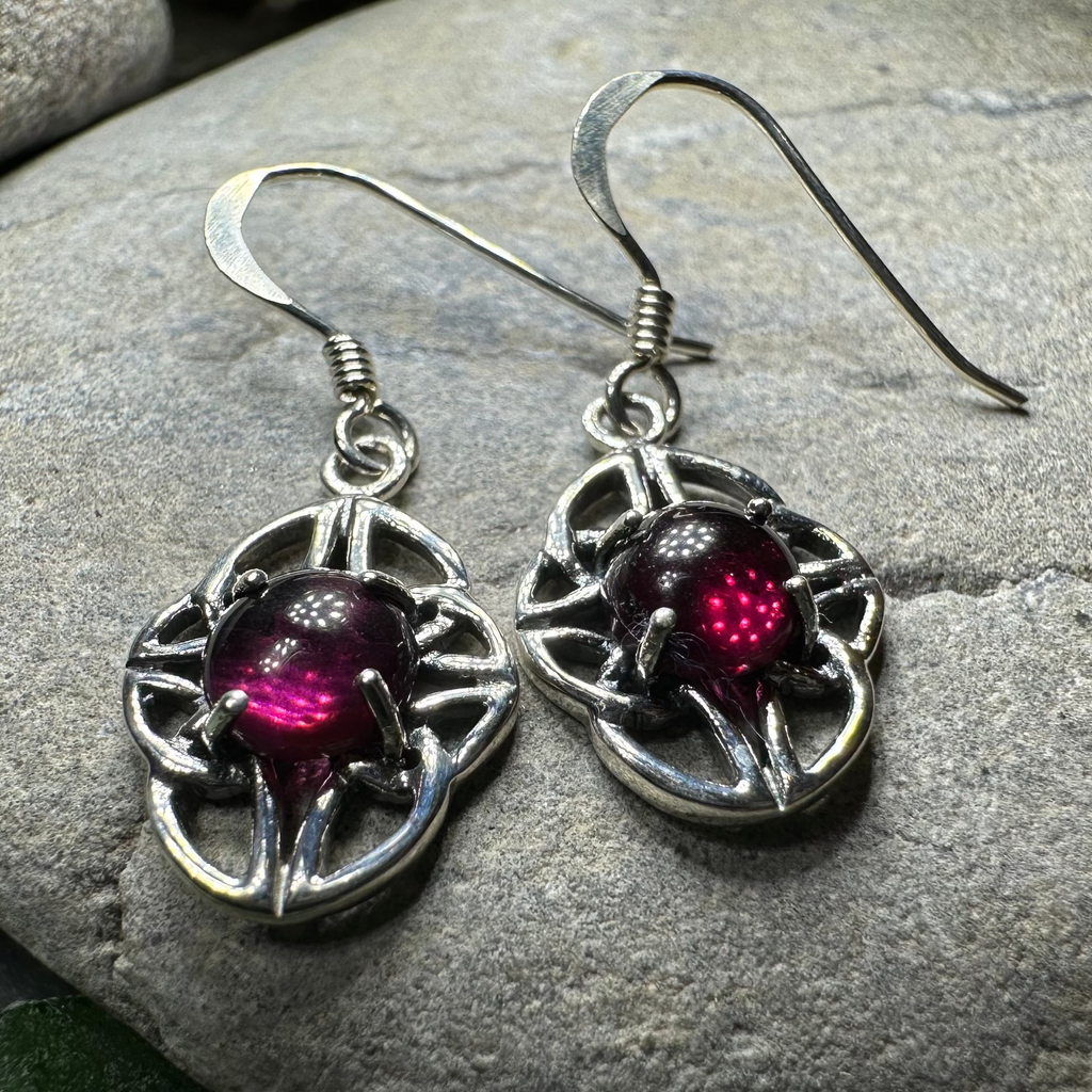 Charis Celtic Knot Garnet Earrings in Sterling Silver | Dangle Earrings | Wiccan Center