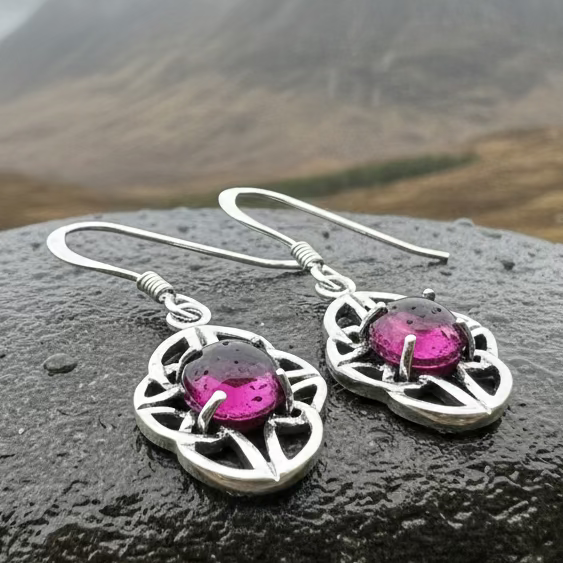 Charis Celtic Knot Garnet Earrings in Sterling Silver | Dangle Earrings | Wiccan Center
