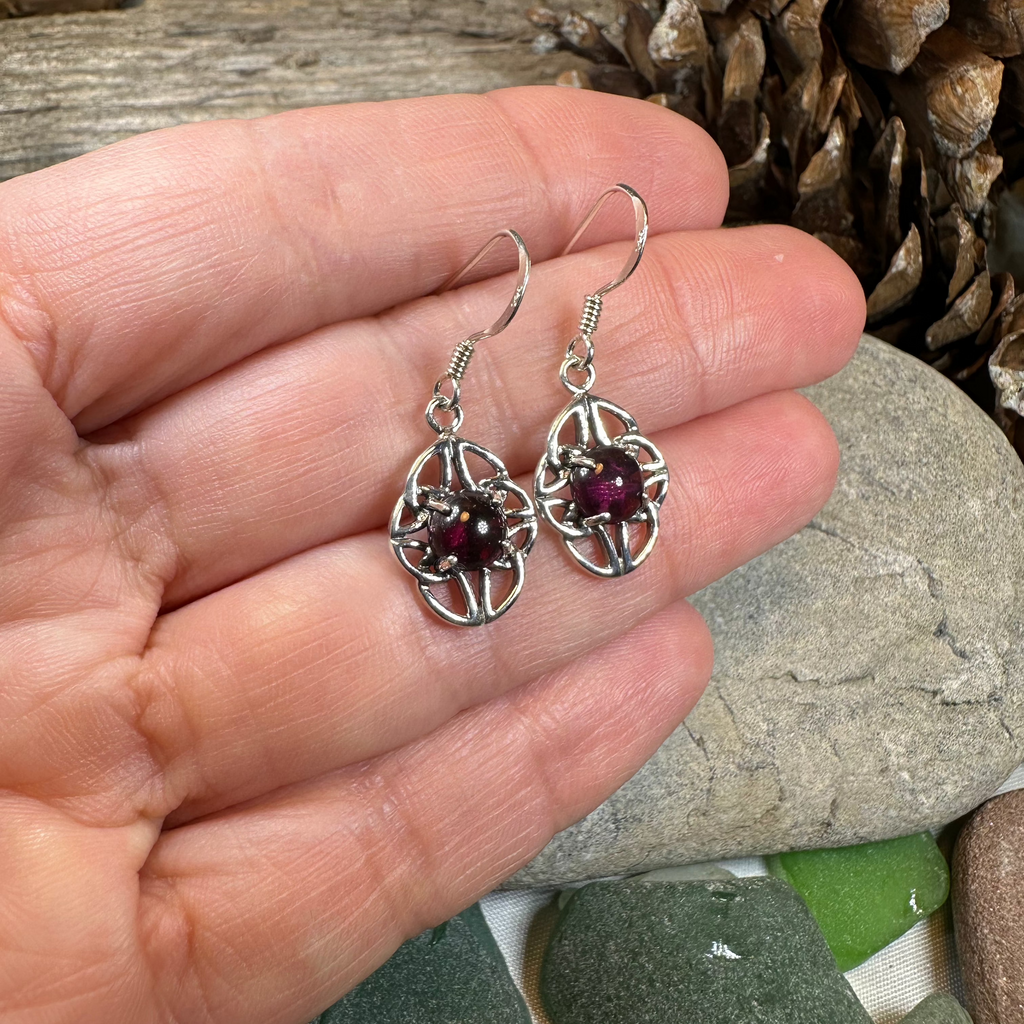 Charis Celtic Knot Garnet Earrings in Sterling Silver | Dangle Earrings | Wiccan Center