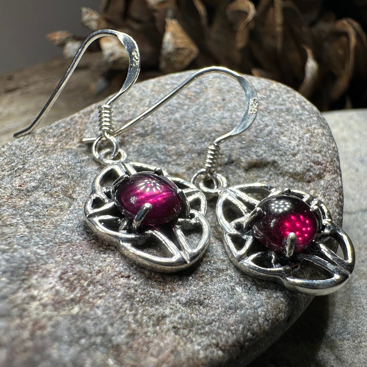 Charis Celtic Knot Garnet Earrings in Sterling Silver | Dangle Earrings | Wiccan Center