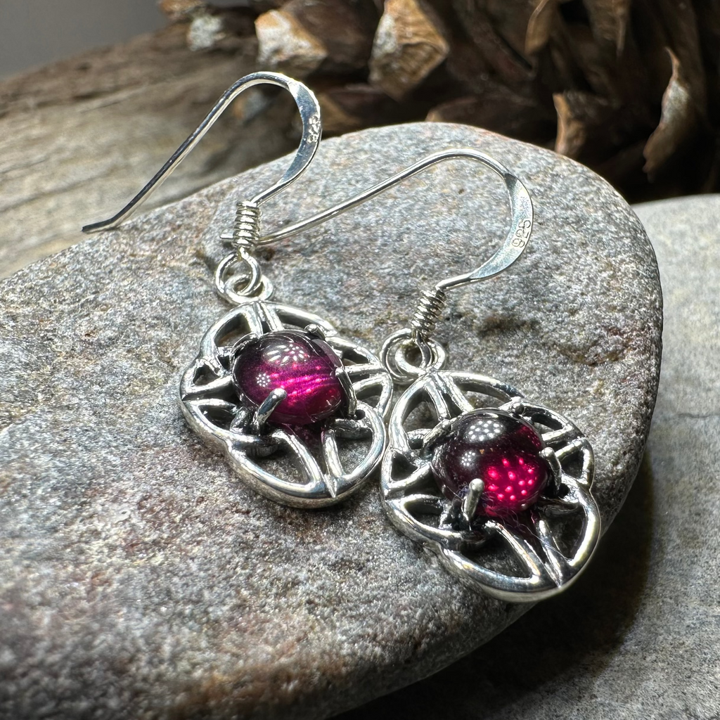 Charis Celtic Knot Garnet Earrings in Sterling Silver | Dangle Earrings | Wiccan Center