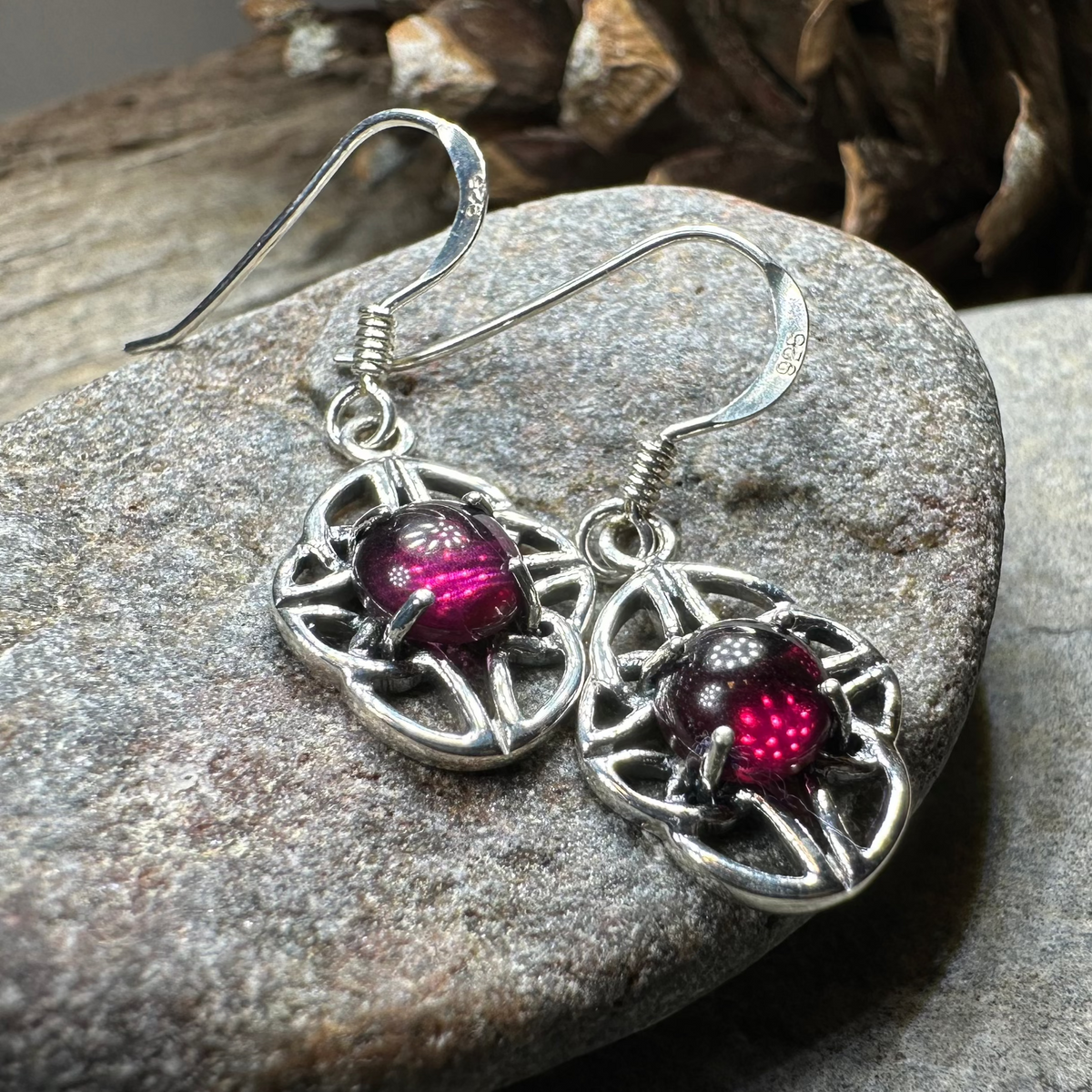Charis Celtic Knot Garnet Earrings in Sterling Silver | Dangle Earrings | Wiccan Center
