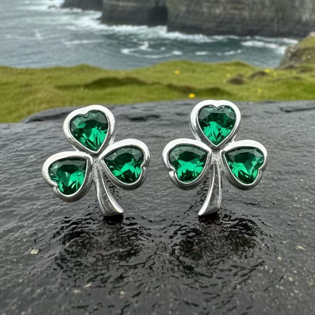 Emerald Isle Irish Shamrock Earrings in Sterling Silver | Post Earrings | Wiccan Center