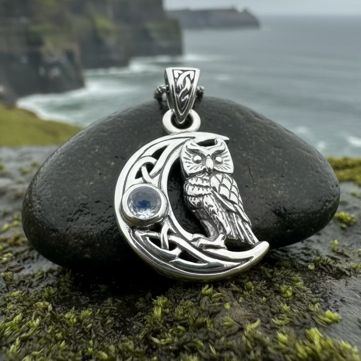 Owl Crescent Moon Necklace in Sterling Silver | Pendant | Wiccan Center