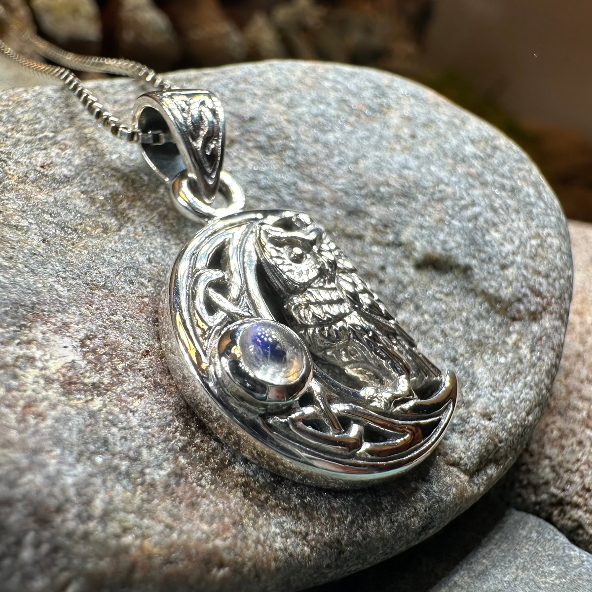 Owl Crescent Moon Necklace in Sterling Silver | Pendant | Wiccan Center