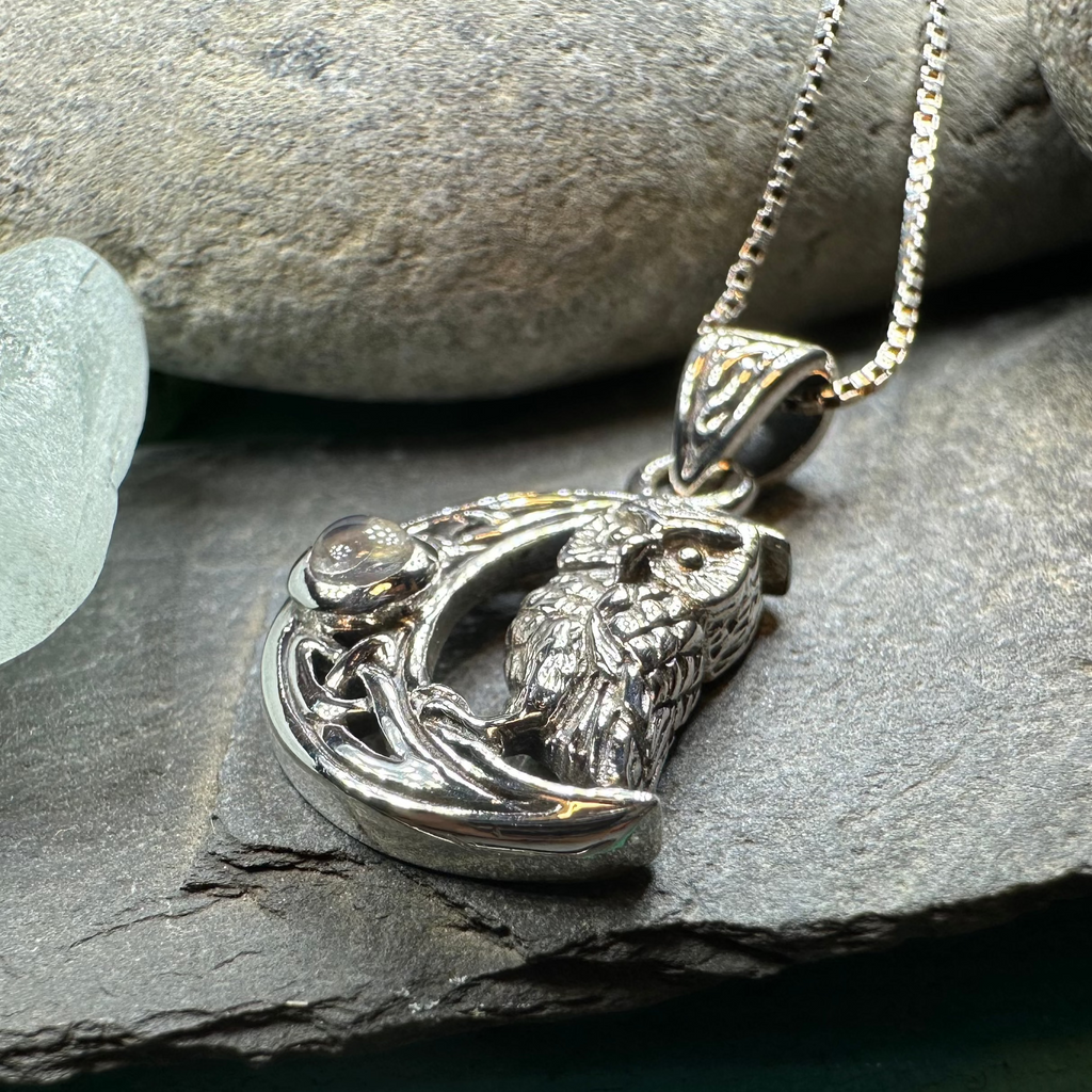 Owl Crescent Moon Necklace in Sterling Silver | Pendant | Wiccan Center