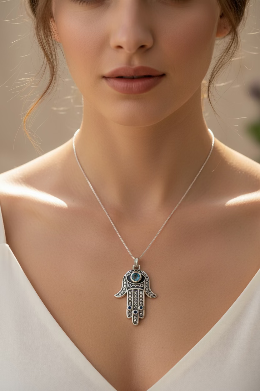 Blue Dream Hamsa Hand Necklace in Sterling Silver