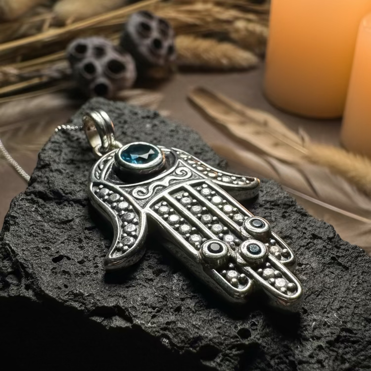 Blue Dream Hamsa Hand Necklace in Sterling Silver