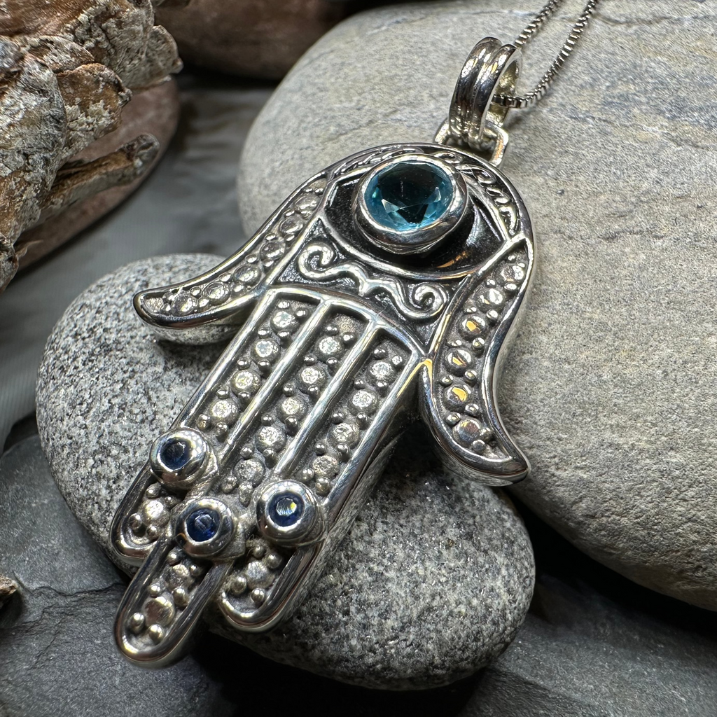 Blue Dream Hamsa Hand Necklace in Sterling Silver