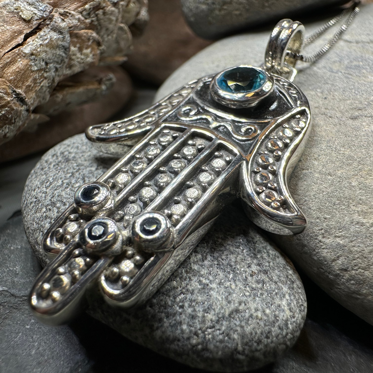 Blue Dream Hamsa Hand Necklace in Sterling Silver