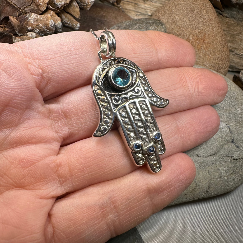 Blue Dream Hamsa Hand Necklace in Sterling Silver