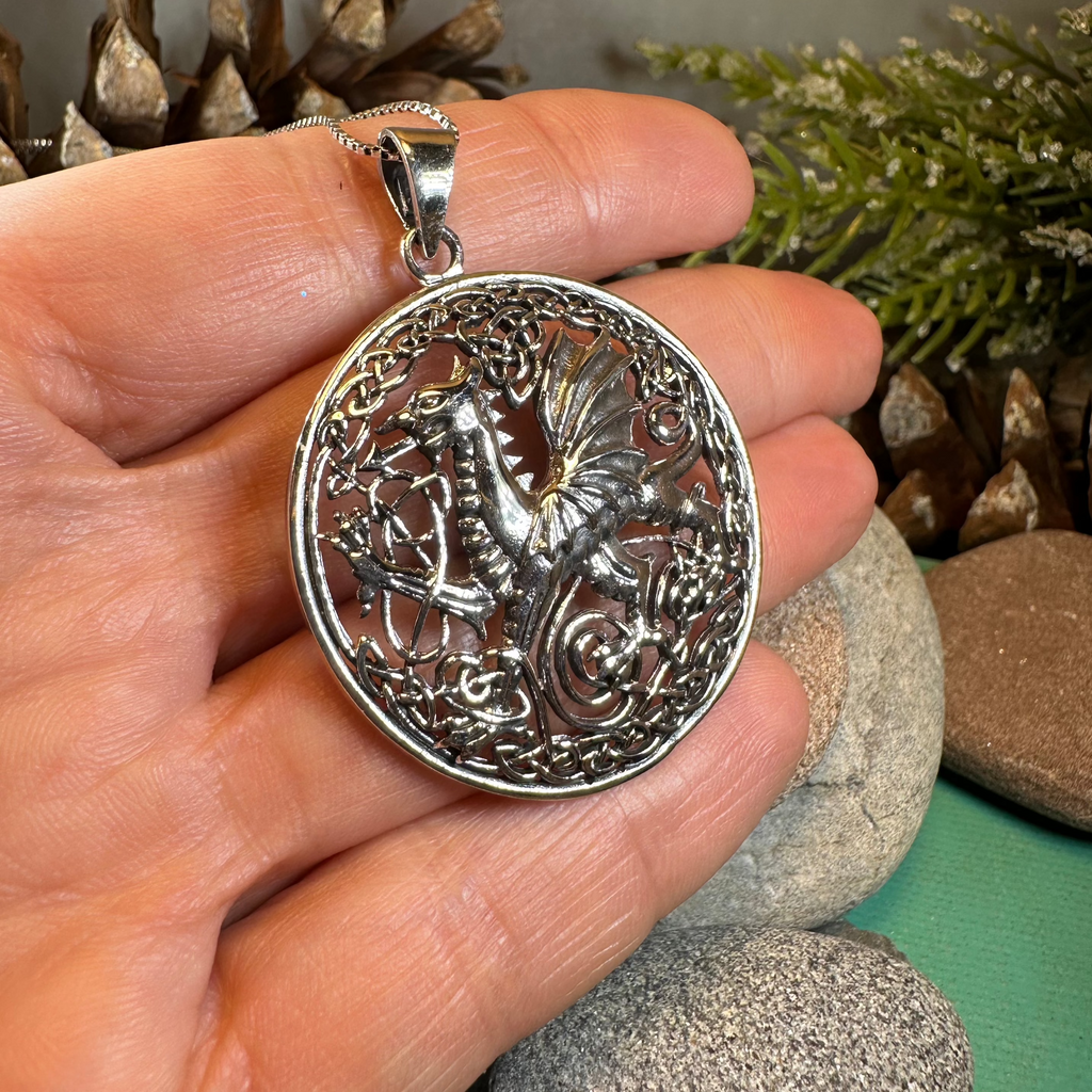 Large Welsh Dragon Necklace in Sterling Silver | Pendant | Wiccan Center