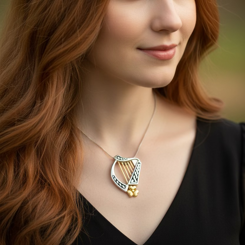 Golden Celtic Irish Harp Necklace in Sterling Silver