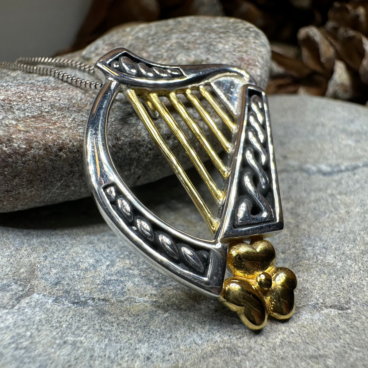 Golden Celtic Irish Harp Necklace in Sterling Silver