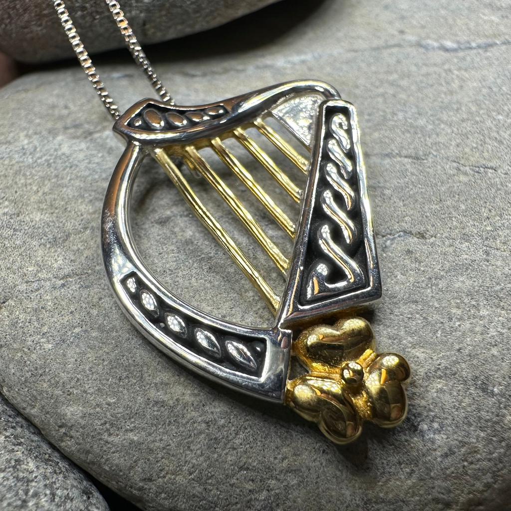 Golden Celtic Irish Harp Necklace in Sterling Silver