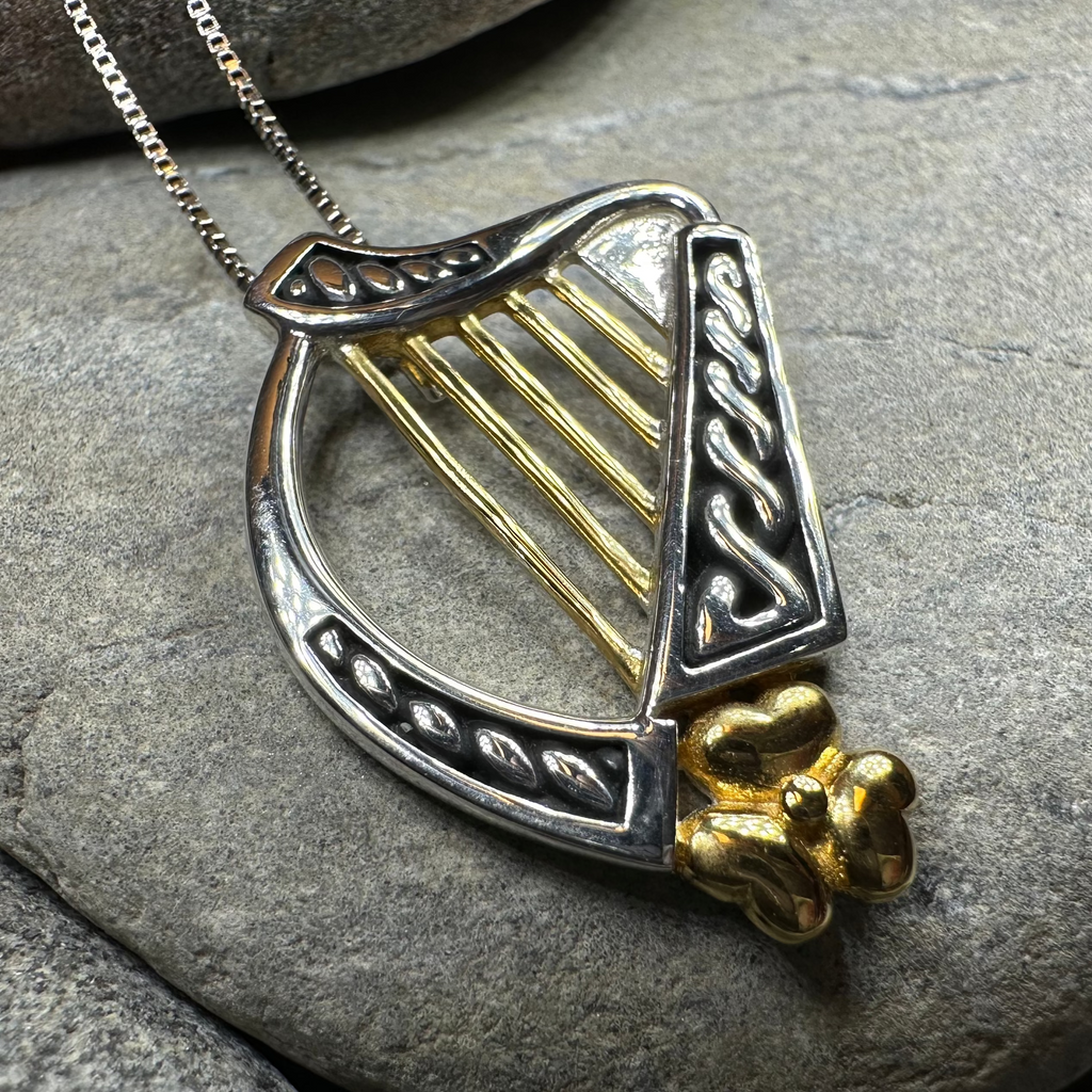Golden Celtic Irish Harp Necklace in Sterling Silver
