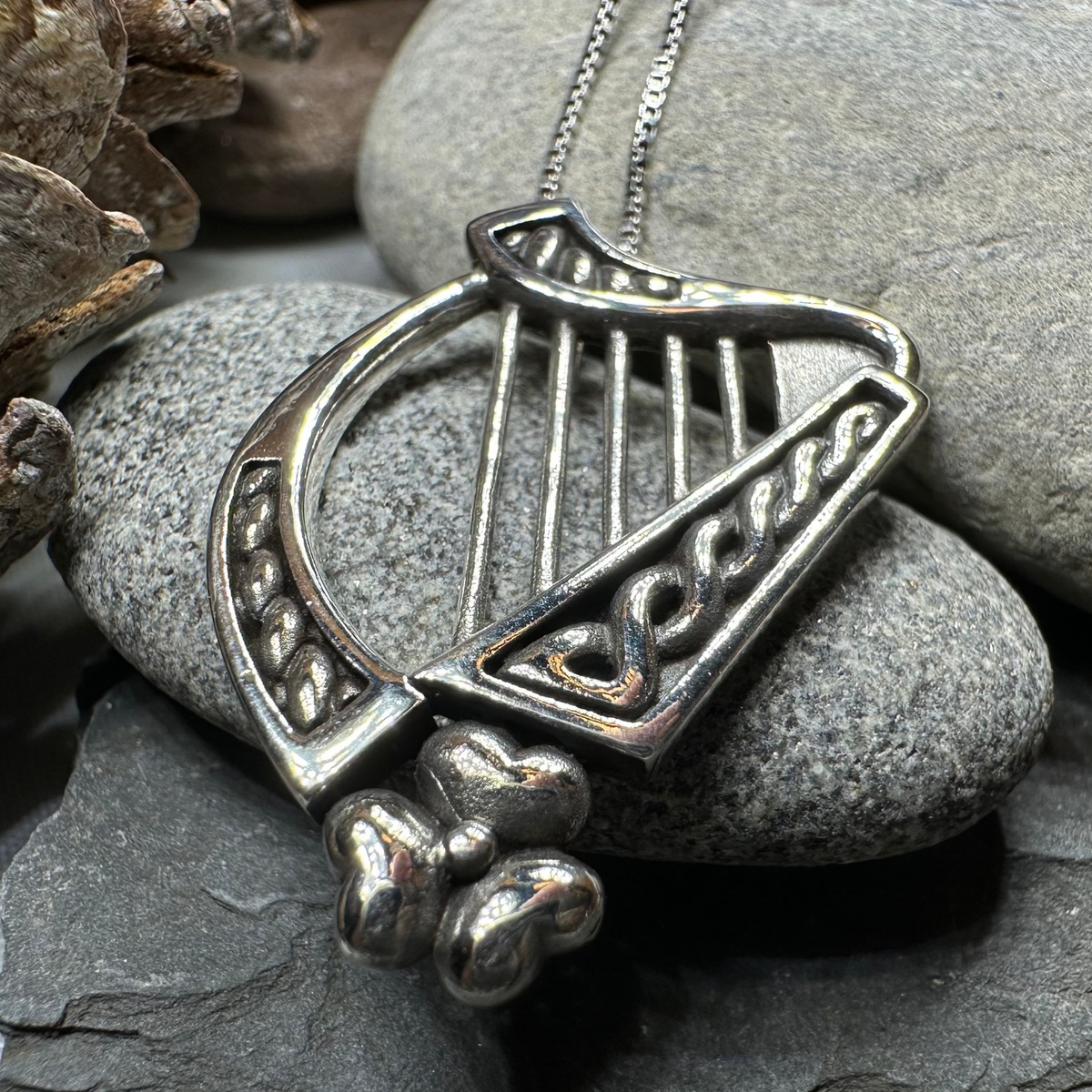 Oisin Irish Shamrock Harp Necklace in Sterling Silver | Pendant | Wiccan Center