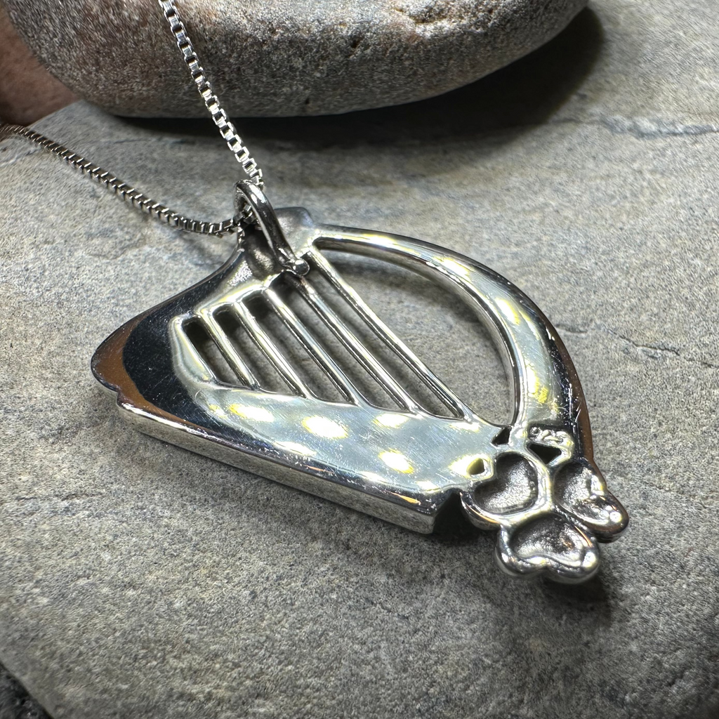 Oisin Irish Shamrock Harp Necklace in Sterling Silver | Pendant | Wiccan Center