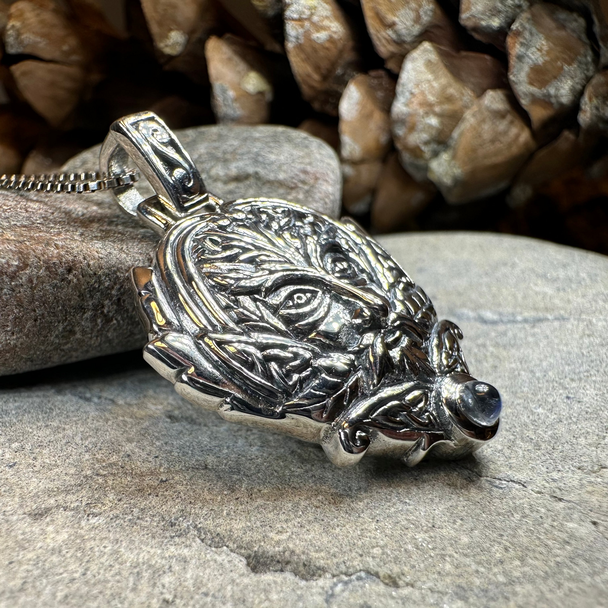 Celtic Oak Green Man Moonstone Necklace in Sterling Silver | Pendant | Wiccan Center