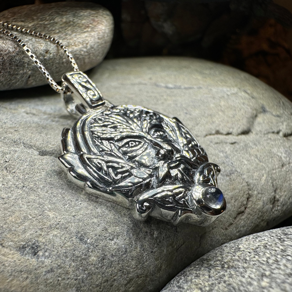 Celtic Oak Green Man Moonstone Necklace in Sterling Silver | Pendant | Wiccan Center