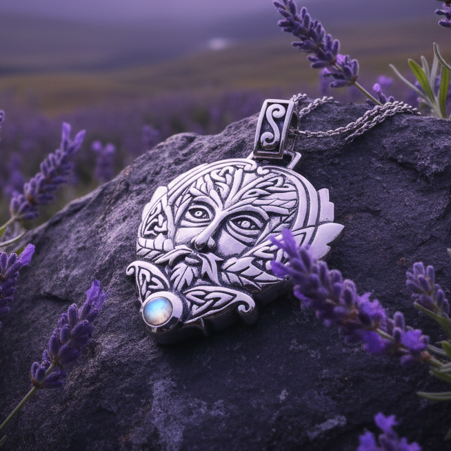 Celtic Oak Green Man Moonstone Necklace in Sterling Silver | Pendant | Wiccan Center