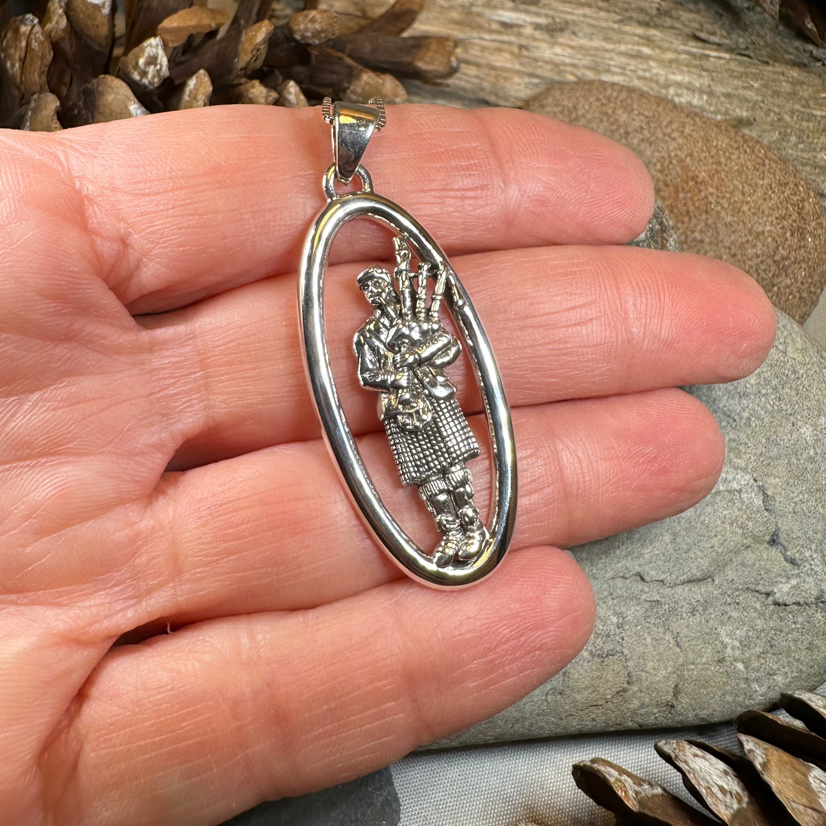Proud Scottish Bagpiper Necklace in Sterling Silver