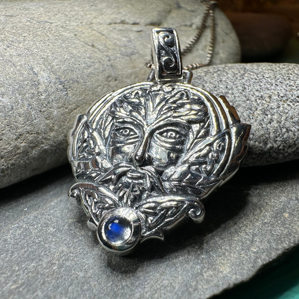 Celtic Oak Green Man Moonstone Necklace in Sterling Silver | Pendant | Wiccan Center